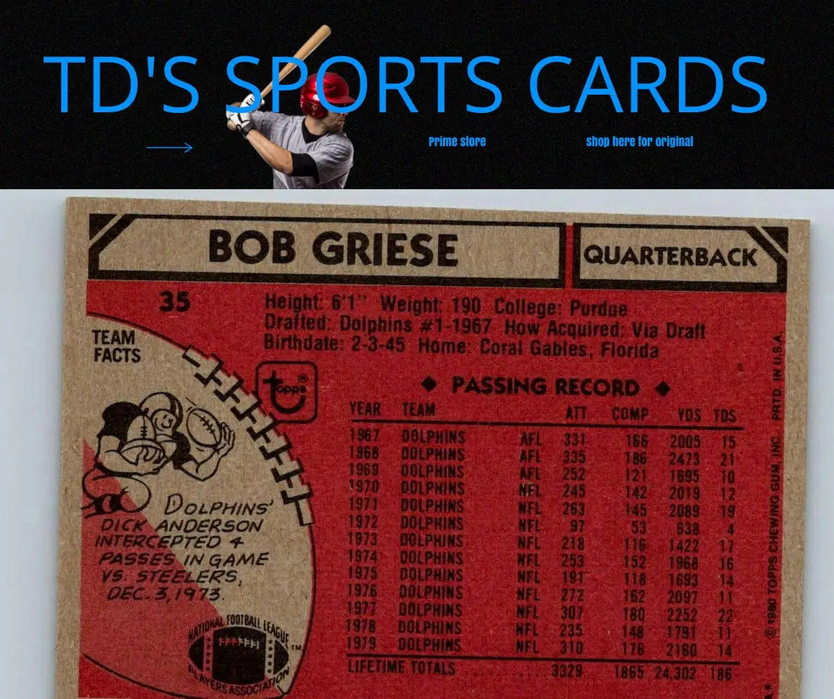 1980 Topps #35 Bob Griese football card for trading cards collection enthusiasts