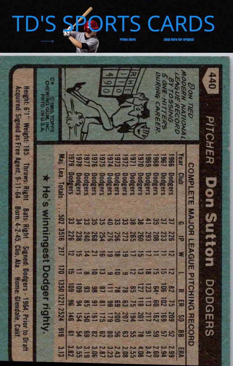 Vintage Don Sutton baseball card from 1980 Topps #440 featuring classic sports memorabilia