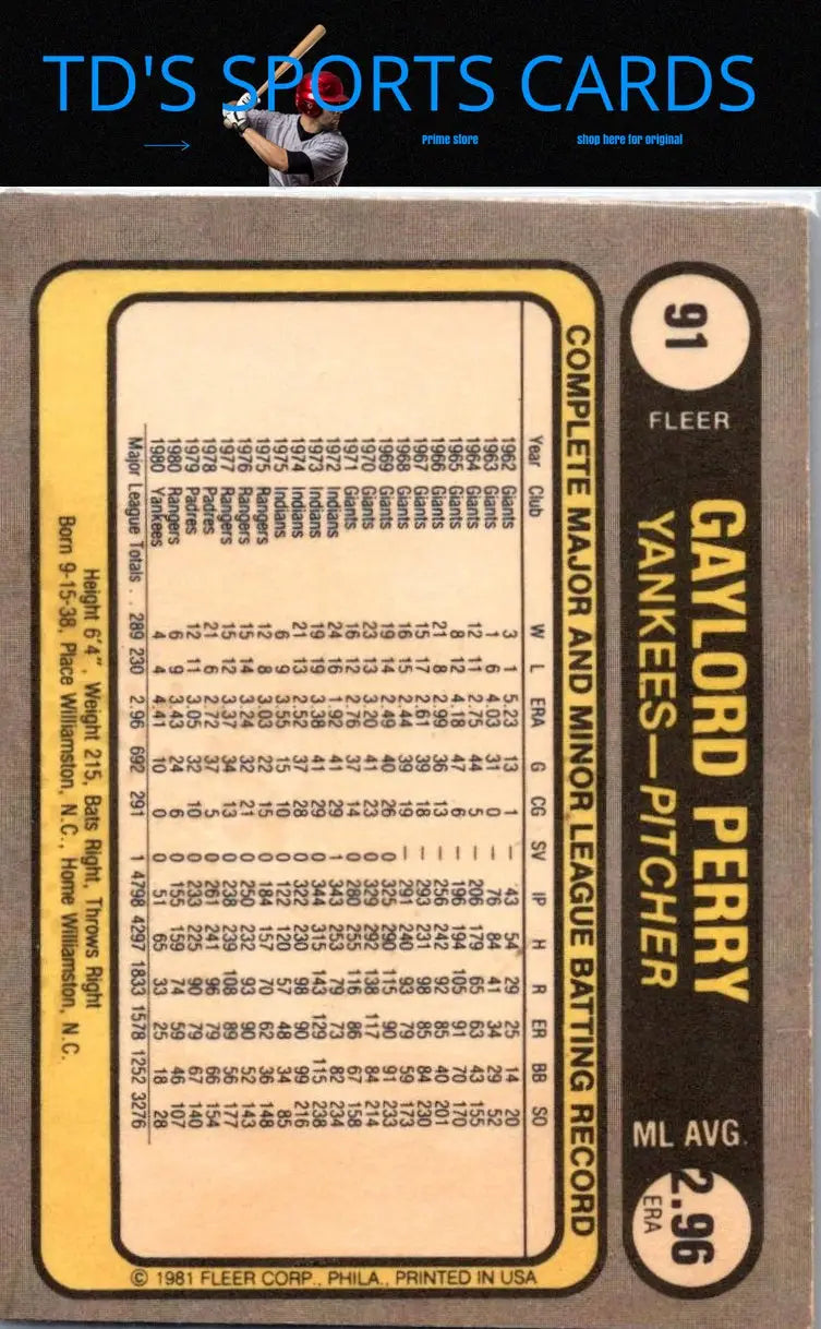 Vintage baseball card of Gaylord Perry from 1981 Fleer trading cards collection