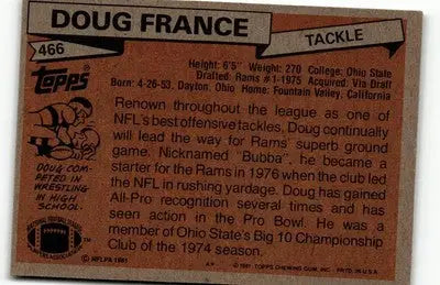 1981 Topps Doug France football card featuring Los Angeles Rams player