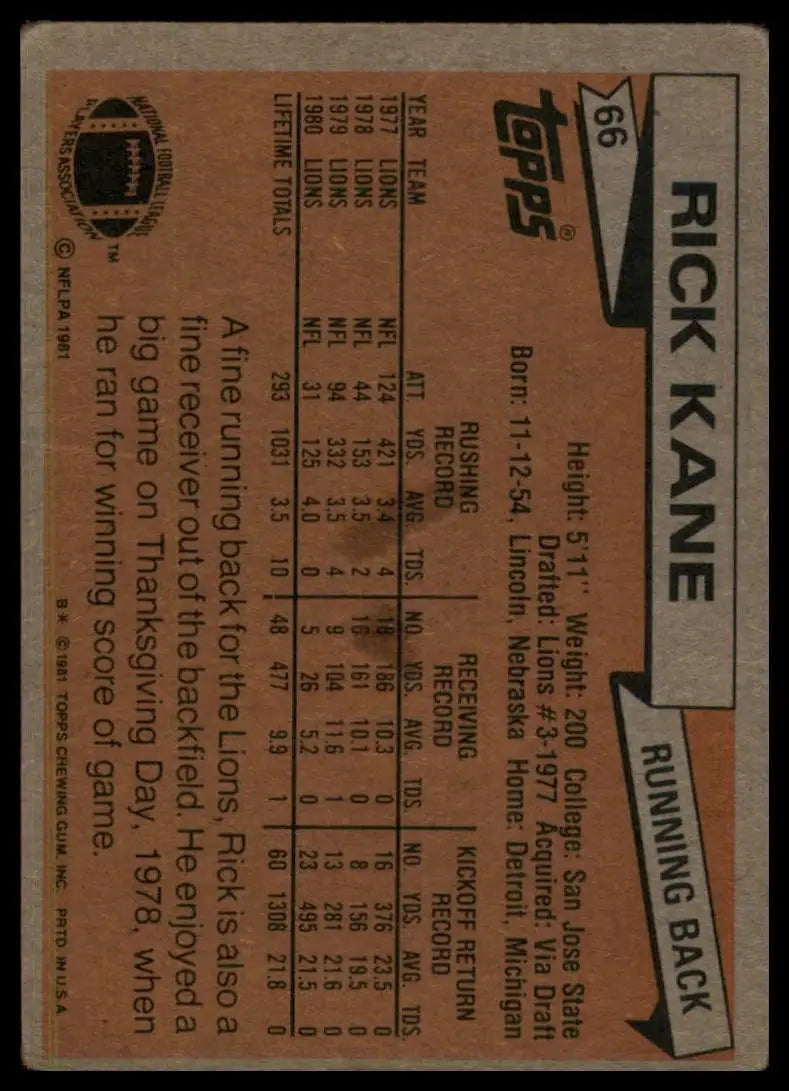 1981 Topps Rick Kane #66 Detroit Lions Football Card NFL Sports - Trading Card