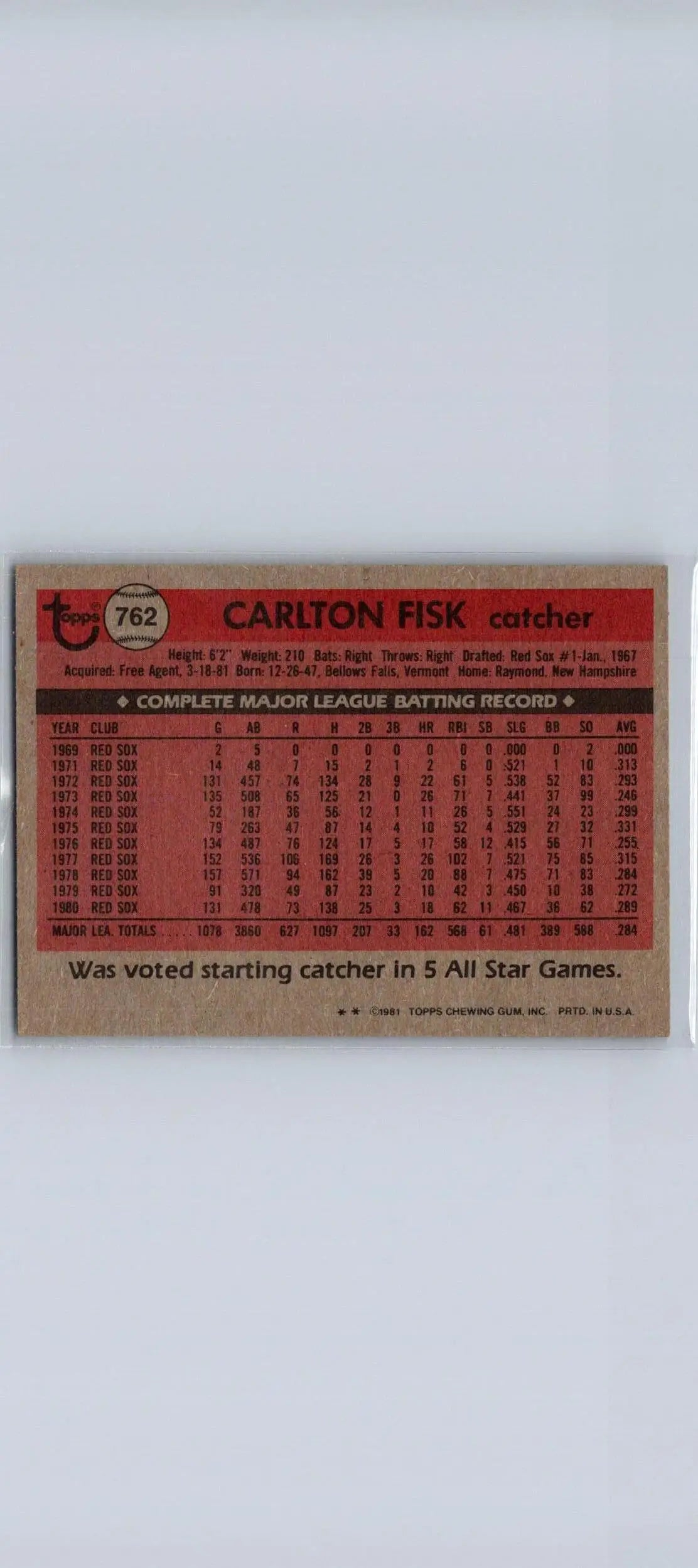 Back of 1981 Topps Traded #762 Carlton Fisk baseball card showcasing player stats and info