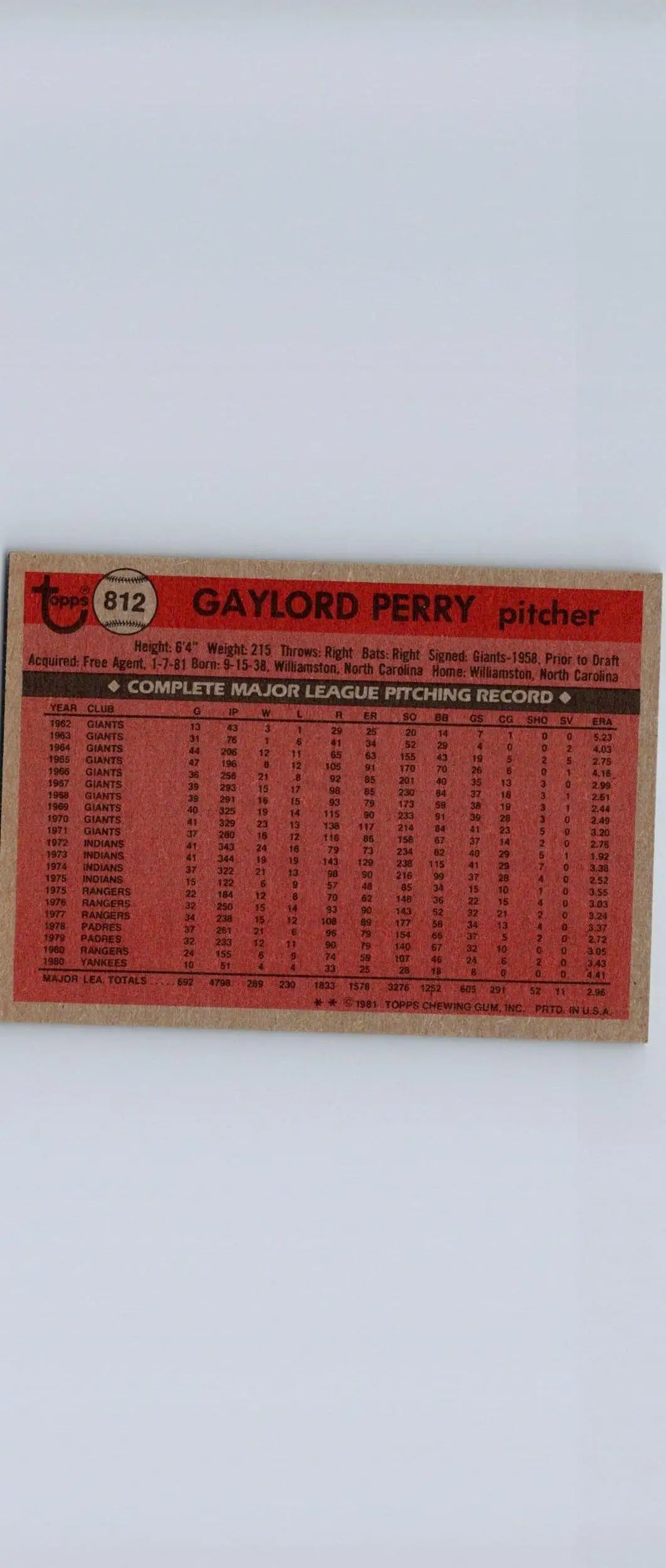Gaylord Perry 1981 Topps Traded #812 trading card featuring the baseball legend