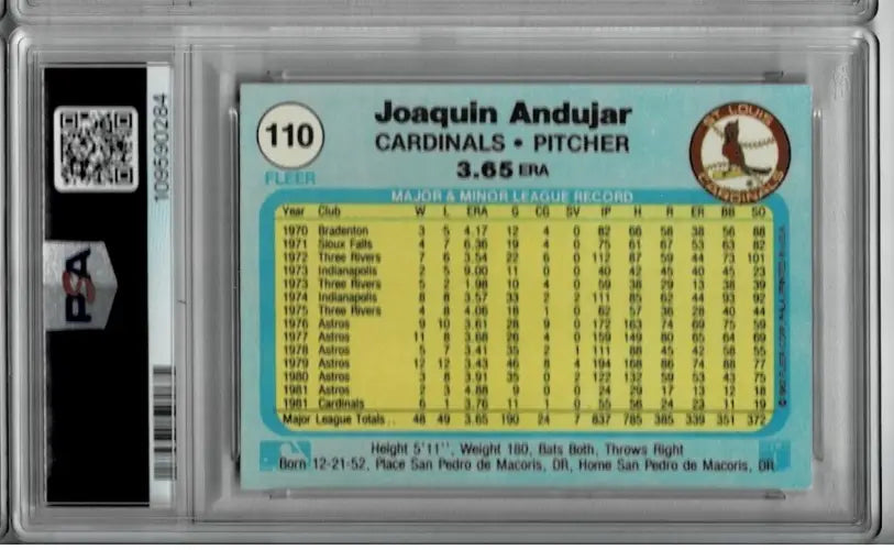 Baseball trading card of Joaquin Andujar in protective slab, St Louis Cardinals collectible