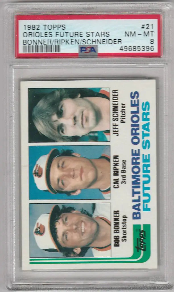 Graded 1982 Topps Cal Ripken Baltimore Orioles PSA 8 rookie card featuring three players