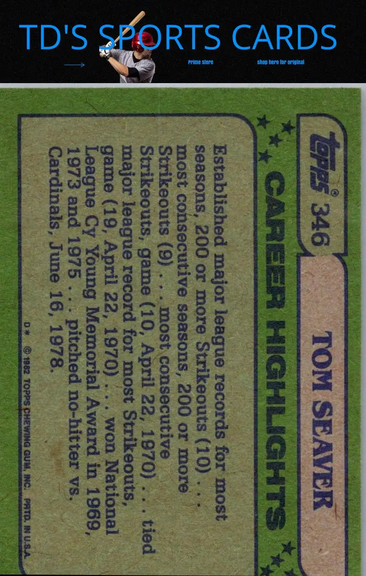Vintage 1982 Topps #346a Tom Seaver baseball card collectible item
