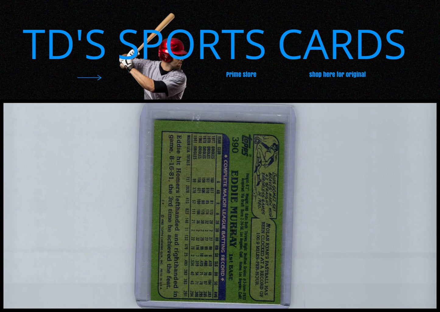 Vintage Eddie Murray baseball card from the 1982 Topps trading cards collection