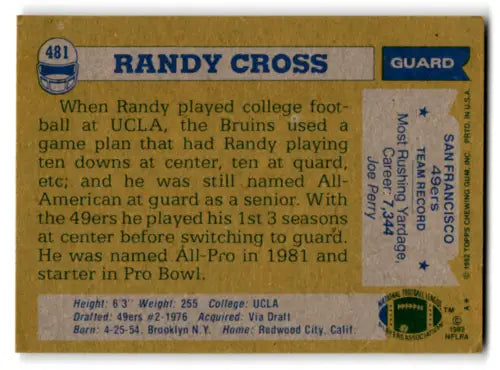 Randy Cross football card 1982 Topps #481 with original gloss 49ers memorabilia