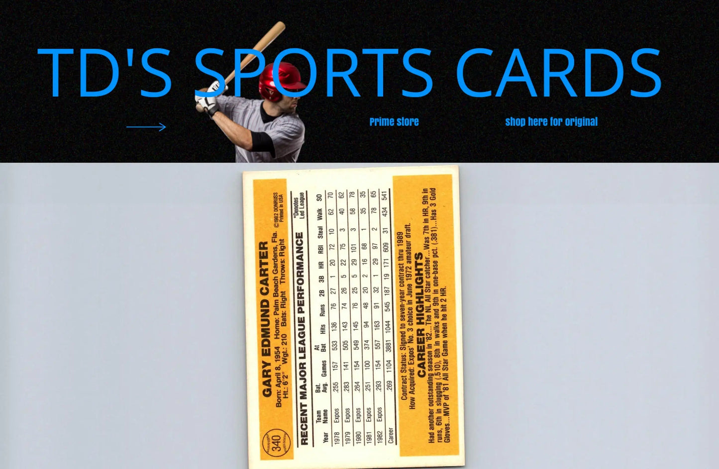 Gary Carter baseball card from 1983 Donruss #340 for collectibles and sports memorabilia