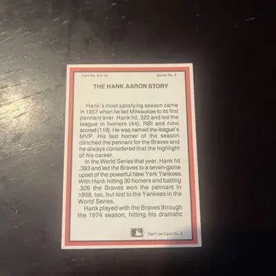 Hank Aaron baseball card from the 1983 TCMA The Hank Aaron Story collection