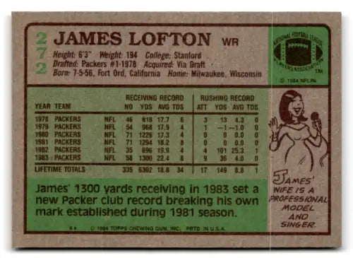 James Lofton 1984 Topps #272 football card in excellent condition for Packers fans
