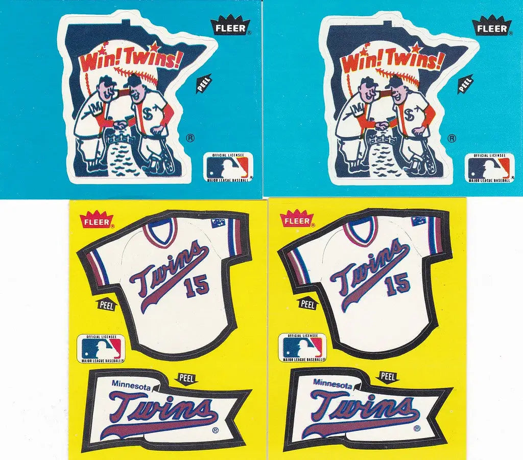 Collection of Fleer Stickers Twins logo decals featuring Twins Jersey and Pennant design