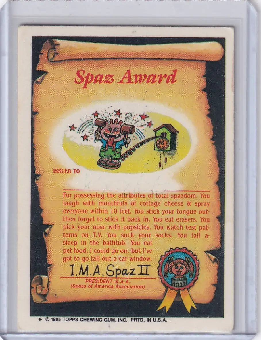 Spaz Award certificate from Garbage Pail Kids Series 2 74a Mark Bark collectible
