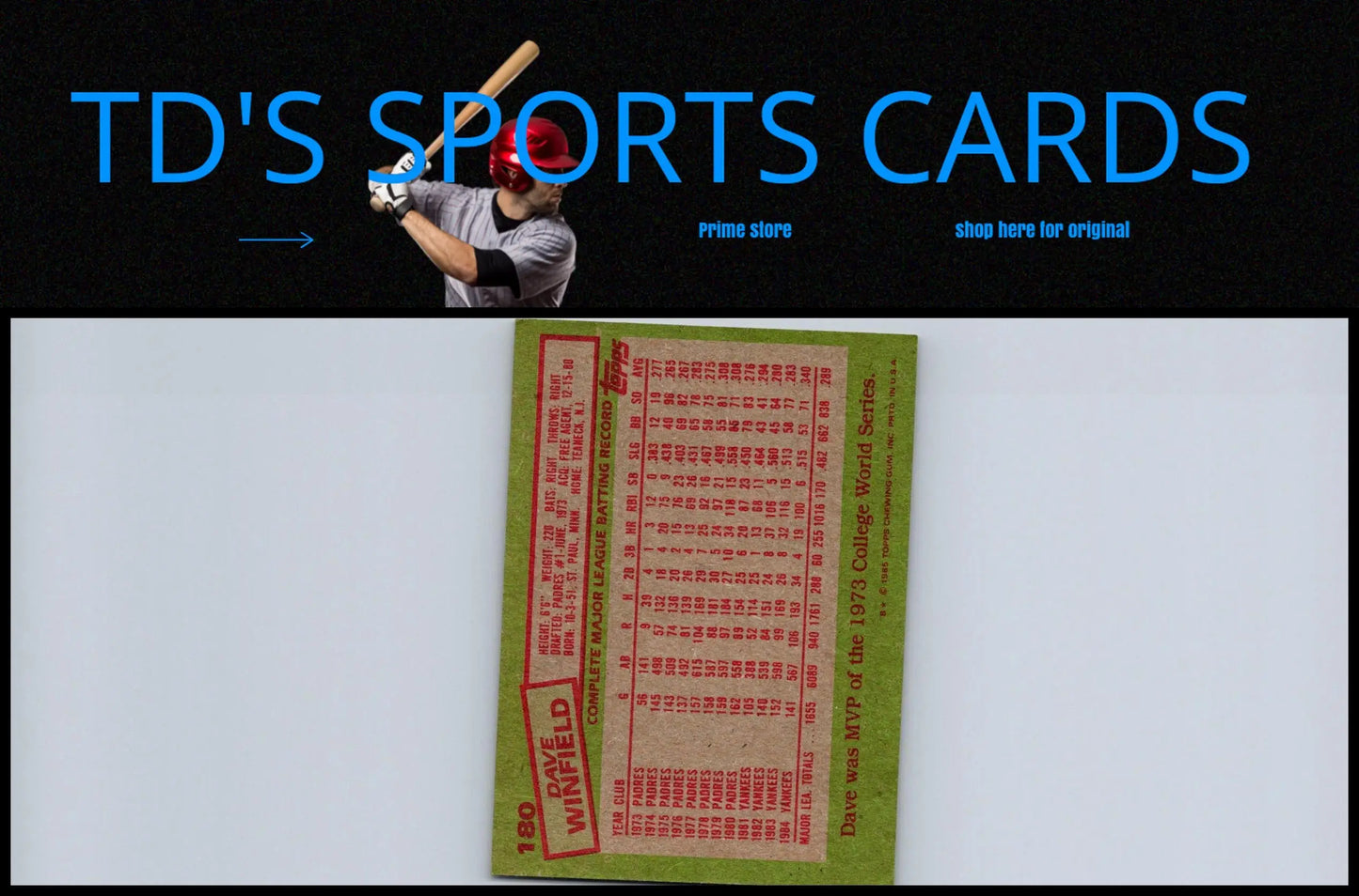 Back view of 1985 Topps #180 Dave Winfield baseball card for trading card collectors