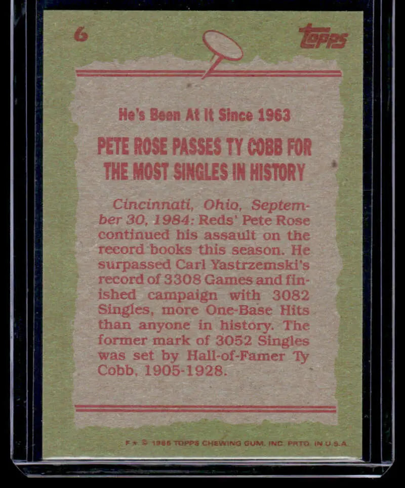 Pete Rose Cincinnati Reds Baseball Card commemorating his 1984 singles record achievement