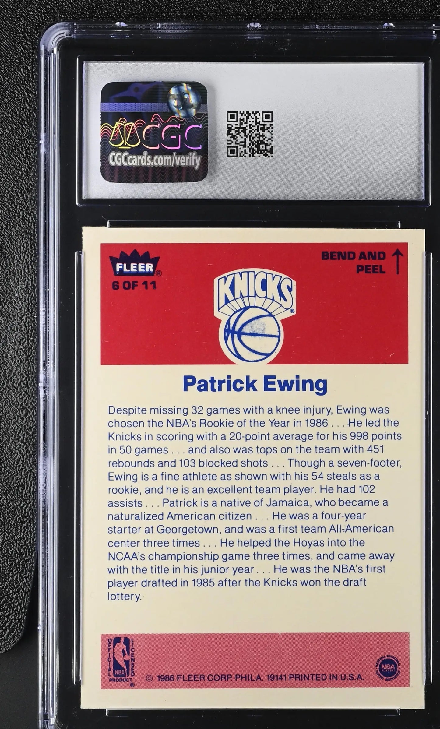 Graded Patrick Ewing Fleer basketball card from 1986-87 Fleer Stickers series