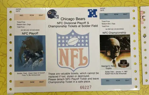 Chicago Bears Season Football Ticket Proof Sheet Set for NFC Playoffs Championship