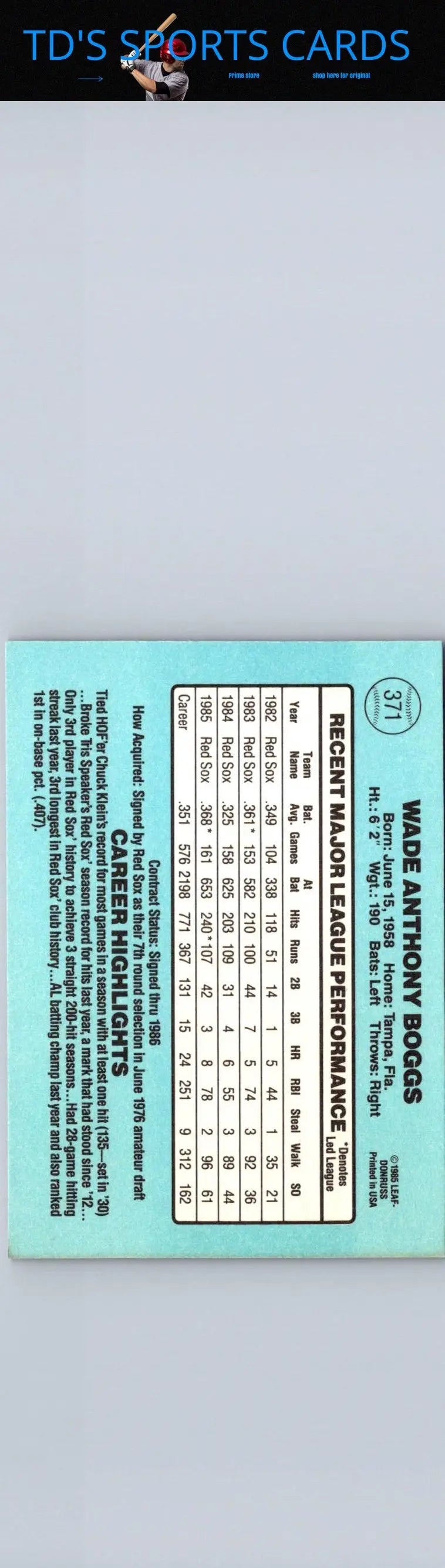 1986 Donruss Wade Boggs trading card with career performance statistics