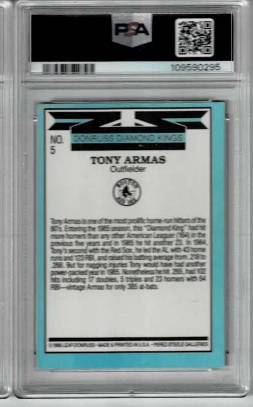 1985 Donruss Diamond Kings Tony Armas baseball card, graded PSA 4, with Tony Armas signed baseball