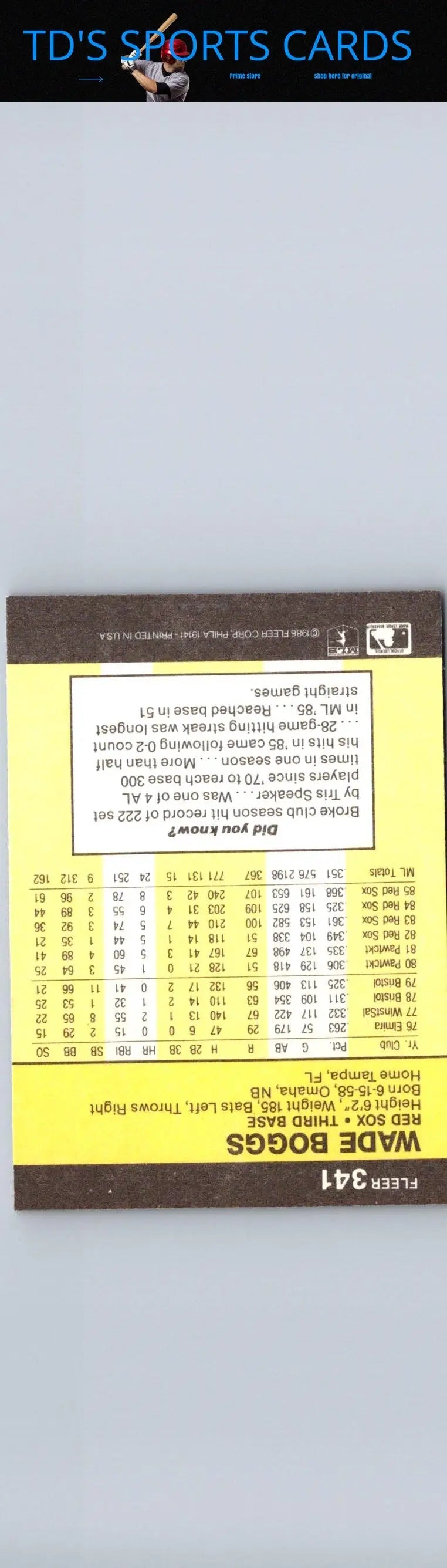 1986 Fleer Wade Boggs trading card number 341 showcasing Wade Boggs in collectible condition