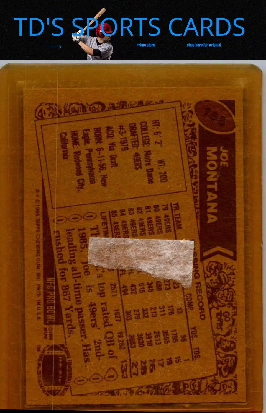 Vintage Joe Montana football card in protective sleeve from 1986 Topps #156