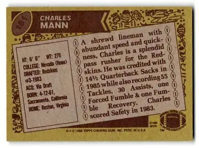1986 Topps 181b Charles Mann football card for collectors and fans