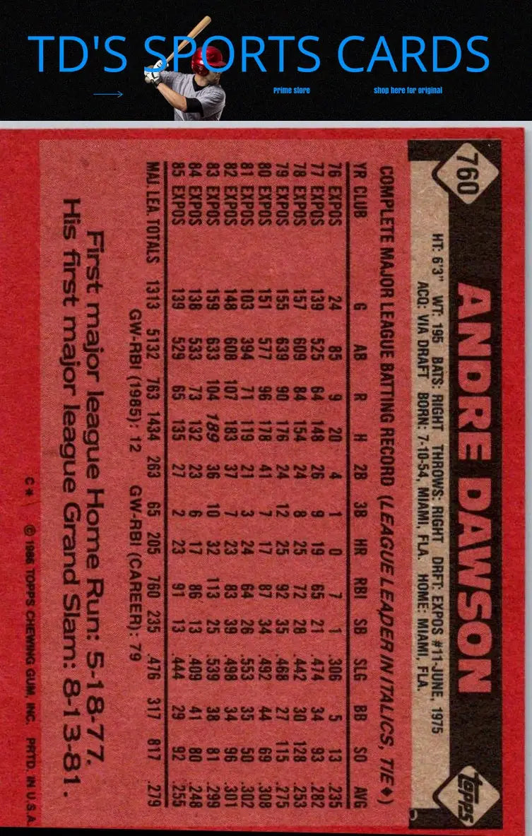 1986 Topps #760 Andre Dawson baseball card showcasing Andre Dawson vintage collectible