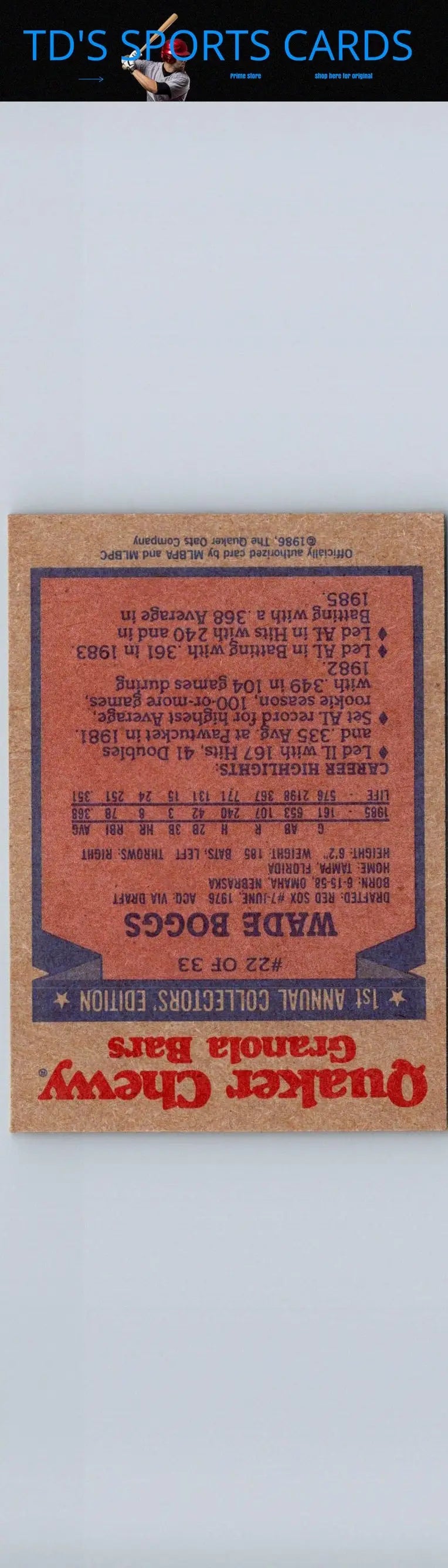 Vintage 1986 Topps Quaker Granola Wade Boggs baseball card featuring Quaker Granola branding
