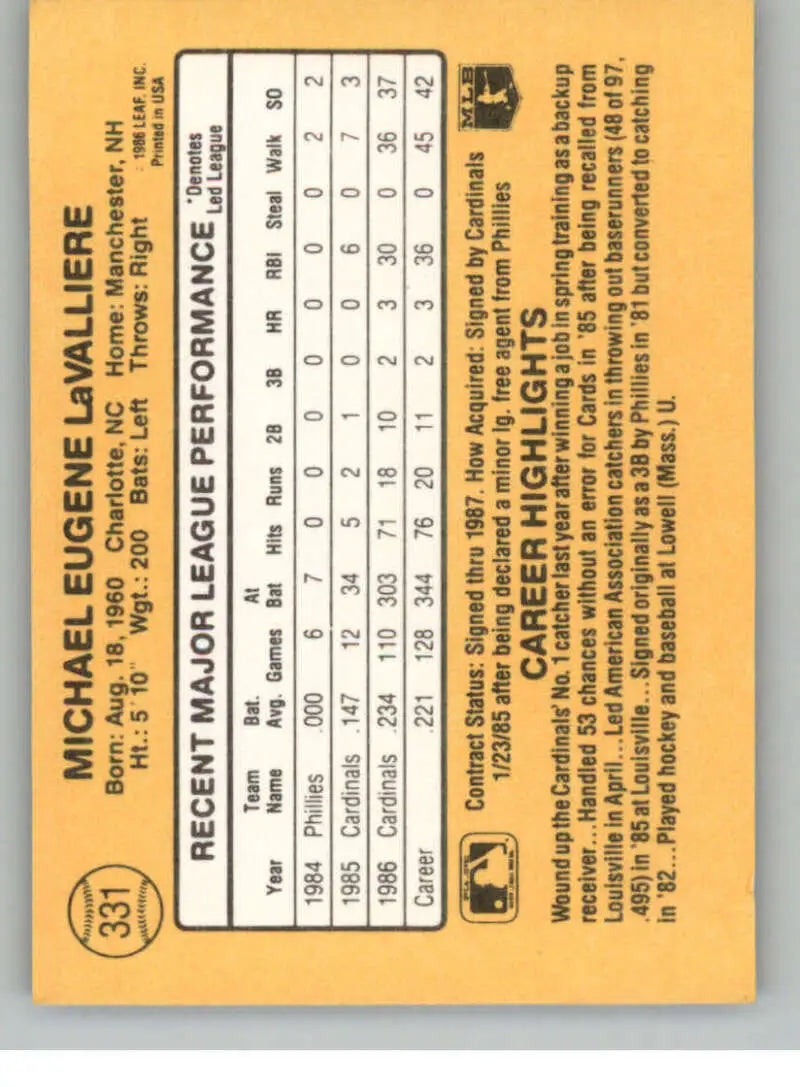 Mike LaValliere 1987 Donruss rookie card with stats in yellow and orange for St. Louis Cardinals