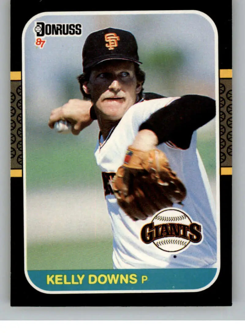Baseball card of Kelly Downs in mid-throw for San Francisco Giants 1987 Donruss RC