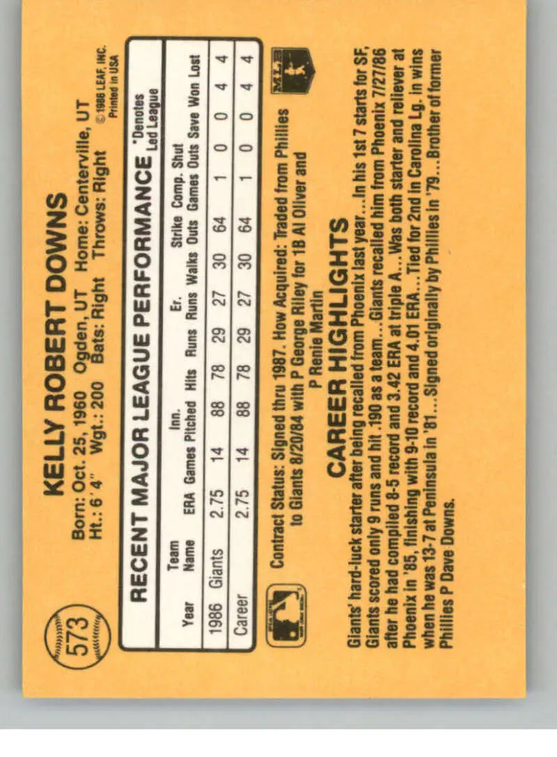 Back of 1987 Donruss Kelly Downs Rookie Card with San Francisco Giants stats and highlights