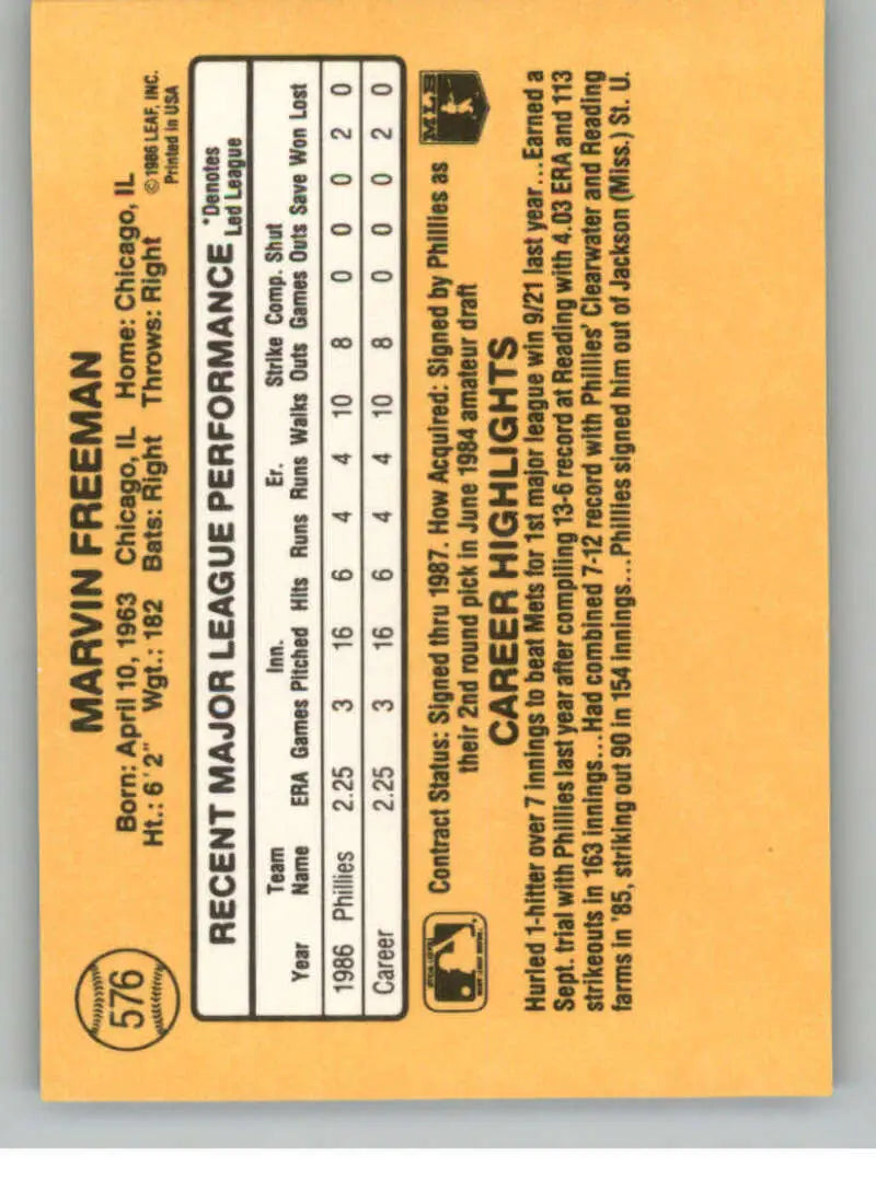 Baseball card back of Marvin Freeman with stats on orange background for Philadelphia Phillies rookie