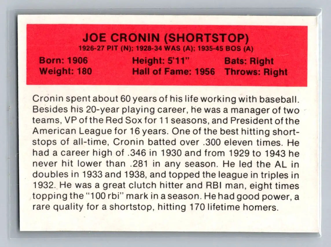 1987 Hygrade All-Time Greats NNO Joe Cronin baseball card Boston Red Sox collectible