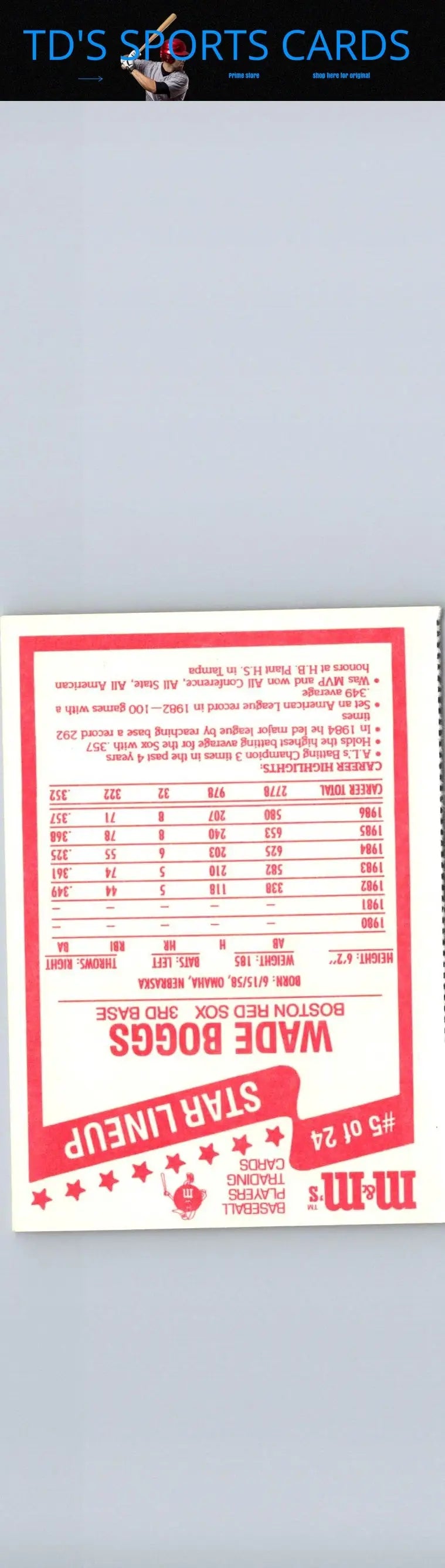 Vintage baseball card featuring Wade Boggs from 1987 M&Ms Star Lineup with stats
