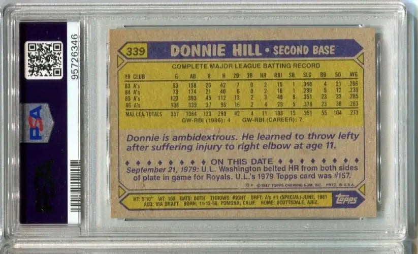 Graded Donnie Hill baseball card in 1987 Topps #339 Signed Auto PSA/DNA Oakland A’s