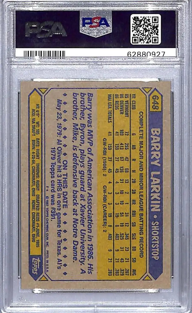 Barry Larkin PSA 10 GEM MINT RC Baseball Card in protective holder with purple label
