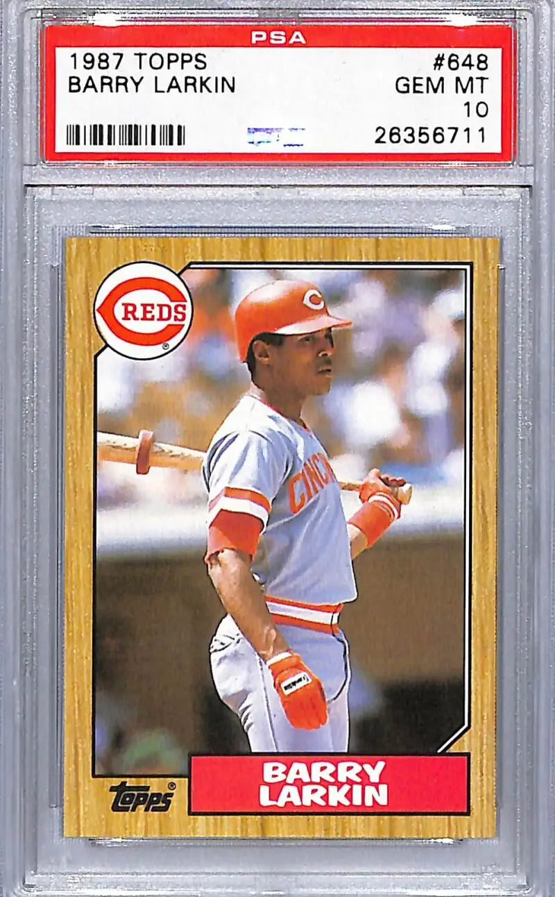 PSA-graded 1987 Topps Barry Larkin Mint RC Rookie baseball card in protective case