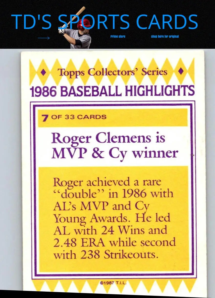 Roger Clemens baseball card from 1987 Topps Woolworth Baseball Highlights collection