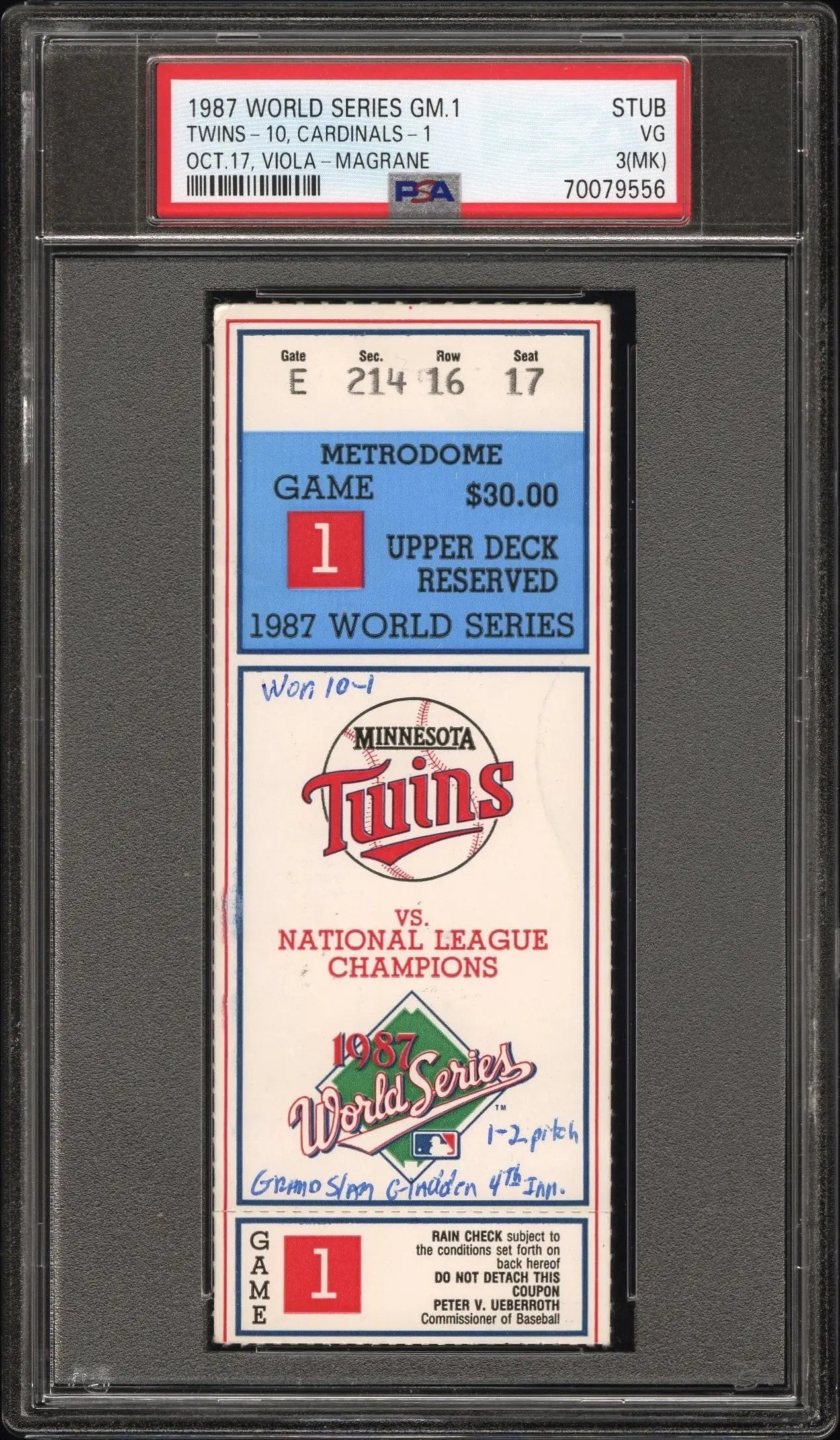 1987 World Series Game 1 Ticket Stub PSA 3 MK featuring Minnesota Twins logo in holder