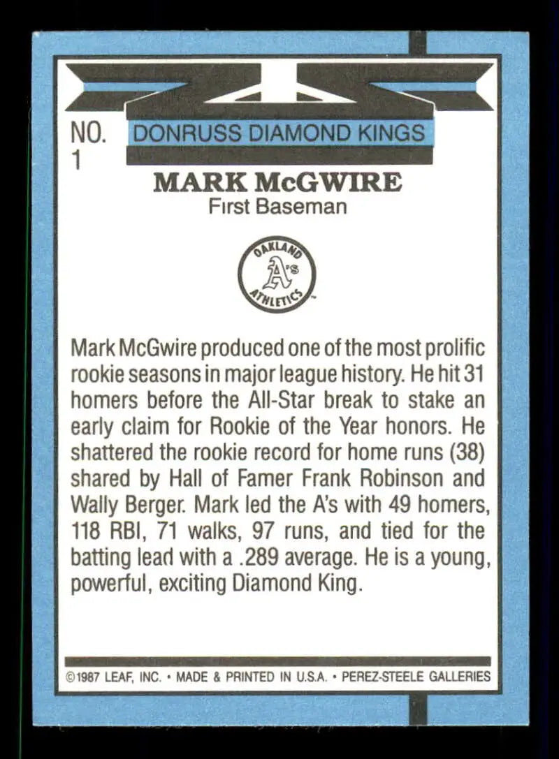 1988 Donruss #1 Mark McGwire DK Oakland Athletics Baseball Card for collectors