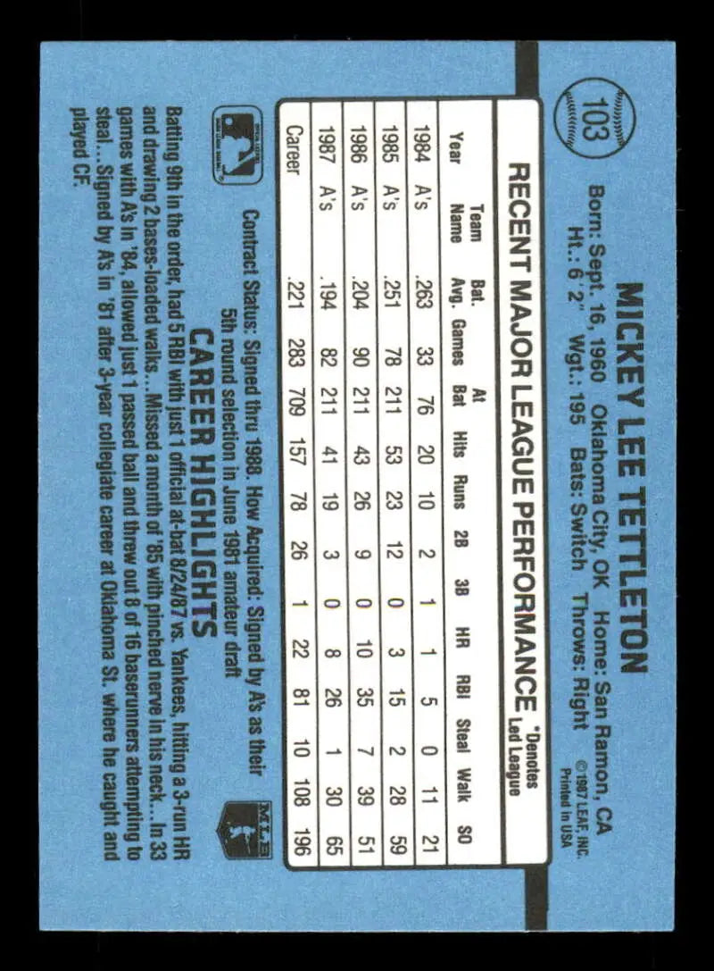 Mickey Tettleton 1988 Donruss #103 Oakland Athletics Baseball Card with stats