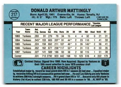 Back of 1988 Donruss #217 Don Mattingly trading card showcasing player statistics