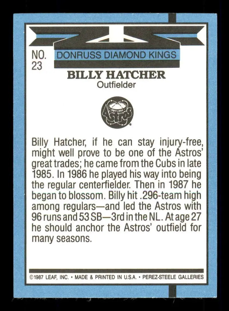 Baseball card of Billy Hatcher from Donruss Diamond Kings Houston Astros trading cards
