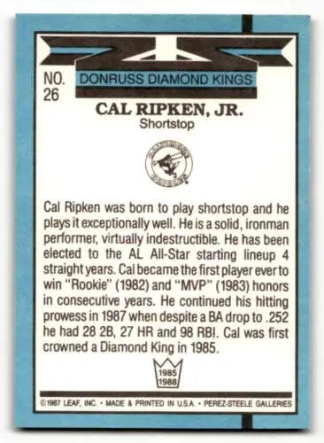 Cal Ripken Jr. Baltimore Orioles Baseball Card with original gloss, 1988 Donruss design