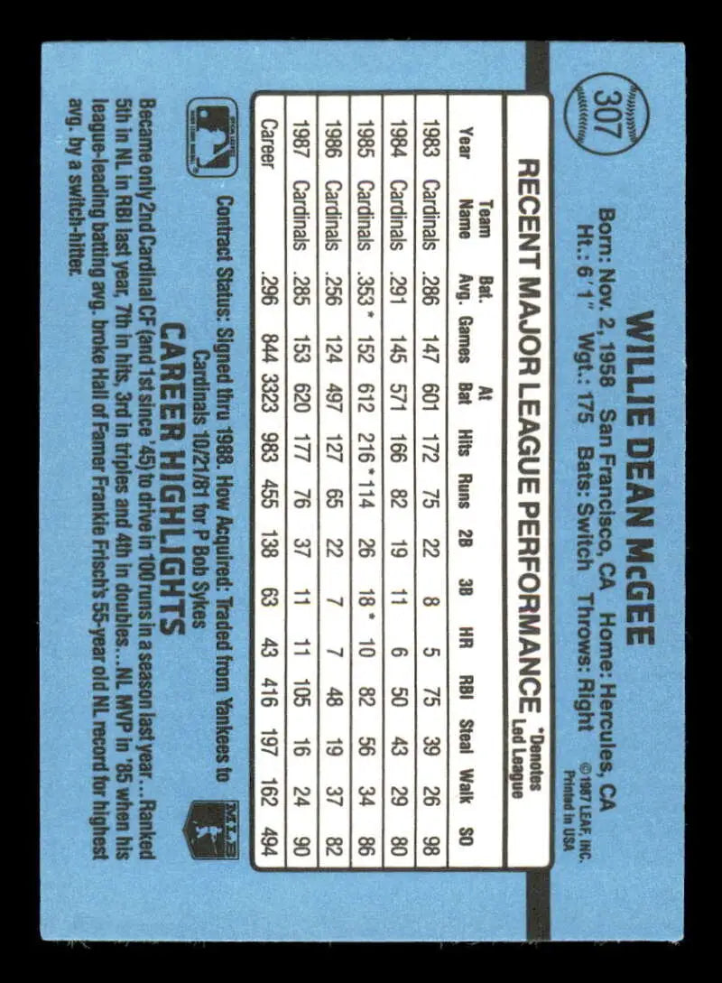 Light blue baseball card featuring Willie McGee statistics for St. Louis Cardinals