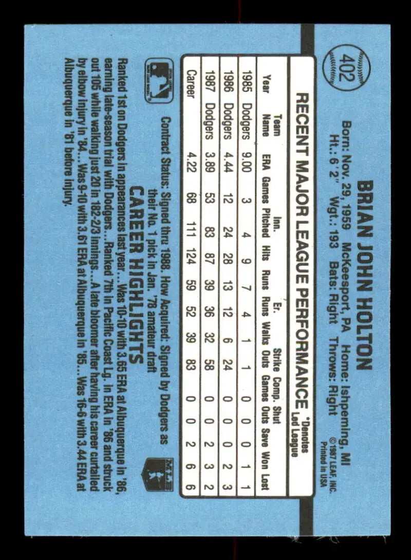 Baseball card back of Brian Holton showcasing stats on a light blue background