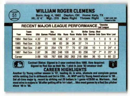 1988 Donruss #51 Roger Clemens Boston Red Sox Baseball Card with original gloss