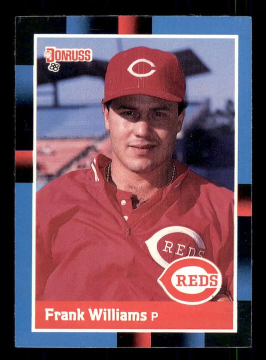 1988 Donruss baseball card of Frank Williams, Cincinnati Reds pitcher in red uniform