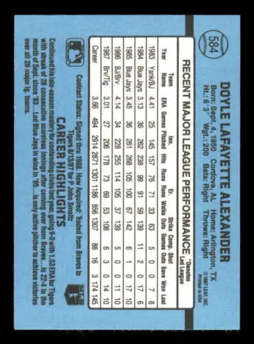 Baseball card back of 1988 Donruss #584 Doyle Alexander NM with original gloss