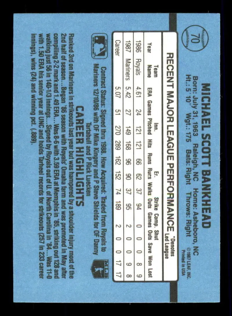 1988 Donruss #70 Scott Bankhead EX Seattle Mariners Baseball Card with player statistics